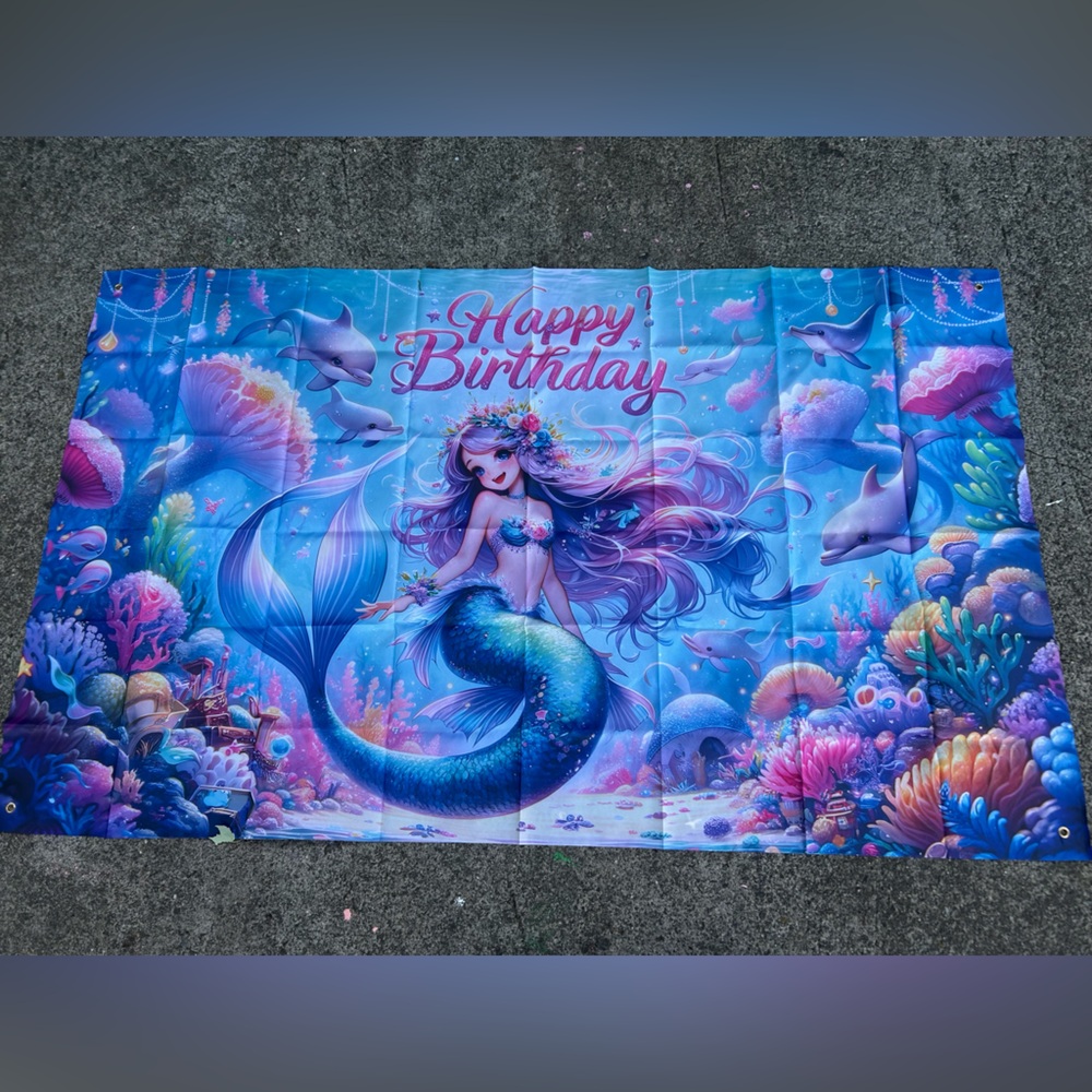 Mermaid & Dolphins Happy Birthday backdrop, 4 x 6,